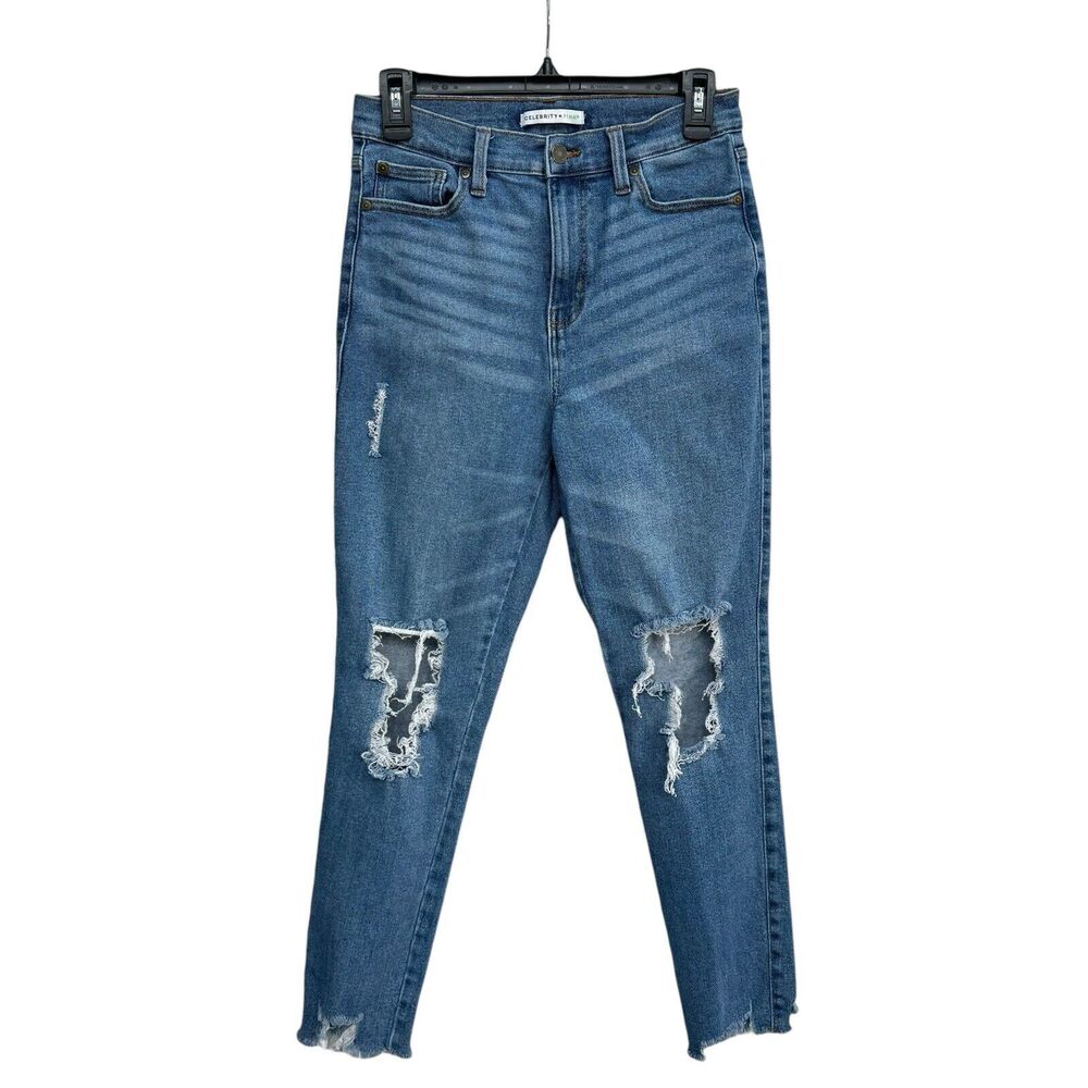 Celebrity Pink JRS SZ 7/28 Jeans Hi-Rise Stretch Frayed Hems Distressed Rip Blue